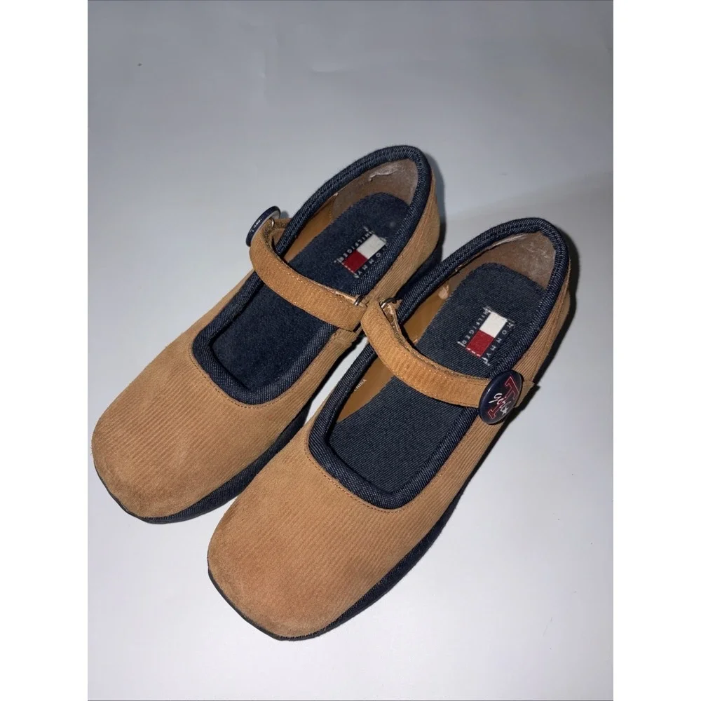 Tommy Hilfiger Girls Mary Jane's shoes Size 2 M Y2K Vtg Brown Corduroy Wedge